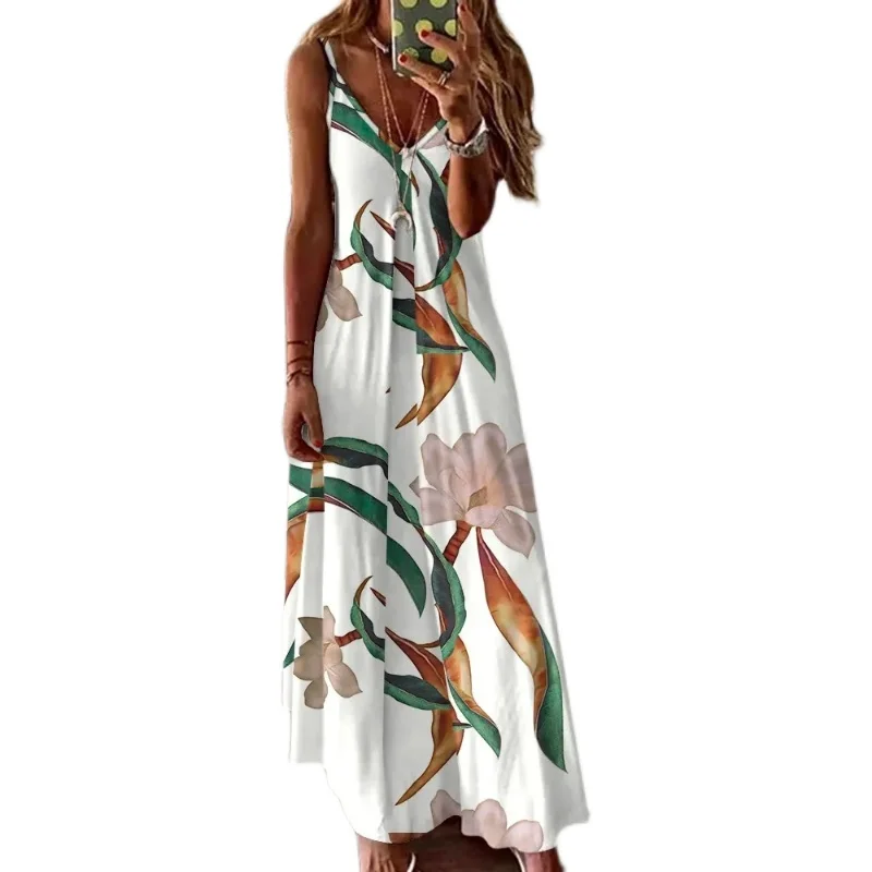 فستان نسائي صيفي طويل مطبوع كاجوال Dr Sweet Sle عالي الخصر V-Ne Svel على شكل حرف a زهور نباتية عزر