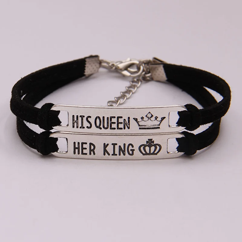 2Pcs Matching Set His Queen Her King Alloy Couple Bracelet Jewelry Gift English Letter Bracelet Adjustable Velvet Rope Bracelet