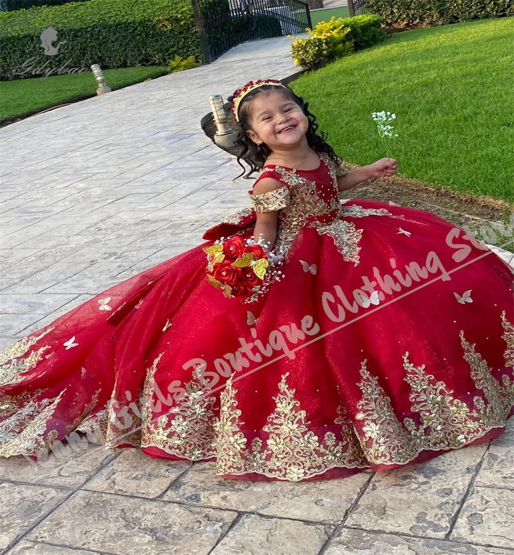 Luxurious Red Flower Girl Dress Fluffy Gold Lace Bow Children's Party Dress For Communion Banquet Performance Custom