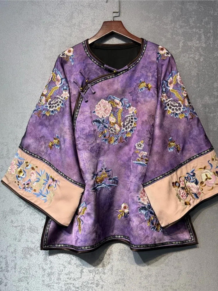New Chinese-style heavy embroidery button-up Qing Dynasty Hanfu women's slanted