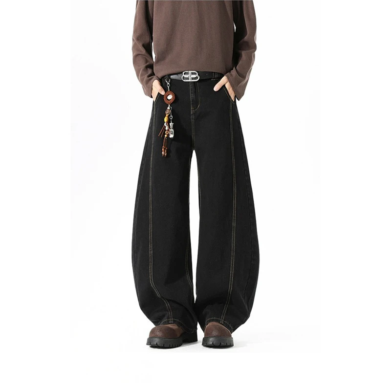 American Style Vintage Black Bending Knife Men Jeans Loose Straight Leg Denim Pants Fashion Male Wide Leg Casual Trousers