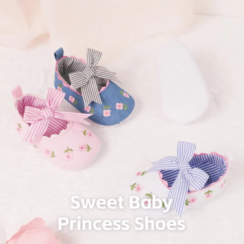 

2025 Floral Embroidery Baby Shoes For Newborn Baby Girl Striped Bow First Walker Soft Soles Cute Toddler Anti-Slip Princess Shoe