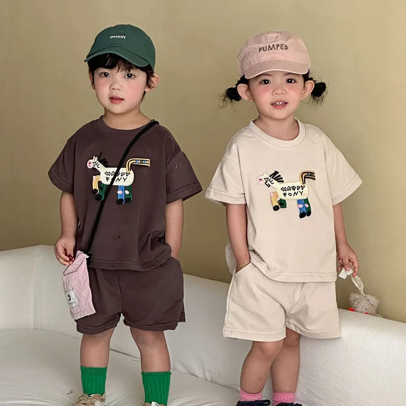 MILANCEL New Summer Kids Clothes Set 1-10T Boys Cartoon Pony T-shirt+Shorts Girls Cotton Sports Suit Loose Children Outfit 2PCS