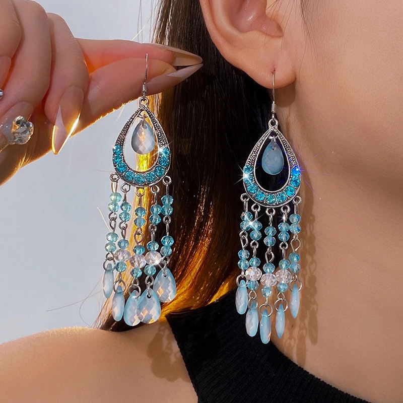 Bohemian Strass Kristall Wasser Tropfen Baumeln Ohrringe für Frauen Vintage Exquisite Ethnische Stil Ohrringe Weiblichen Schmuck