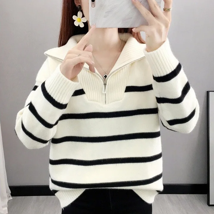 Women Striped Pullovers Turn Down Collar Half Zipper Sweaters Casual Long Sleeve Spliced Jumpers Patchwork Regular Autumn 2026