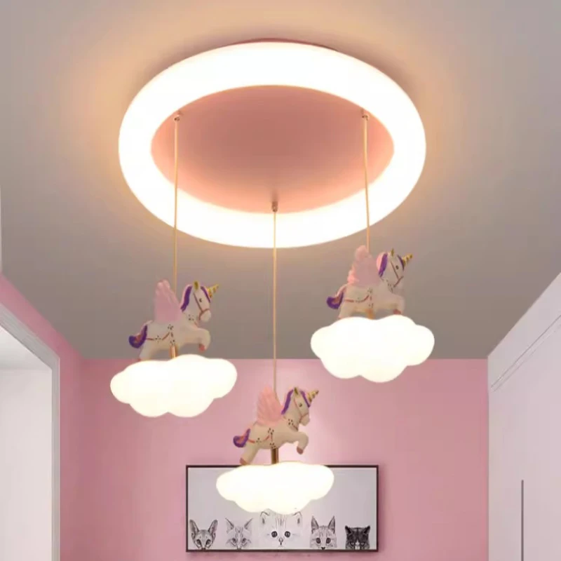 Warm Romantic Princess Room Chandelier Cute Cloud Unicorn Lamp LED Modern Nursery Little Girl Bedroom Children\'s Room Chandelier