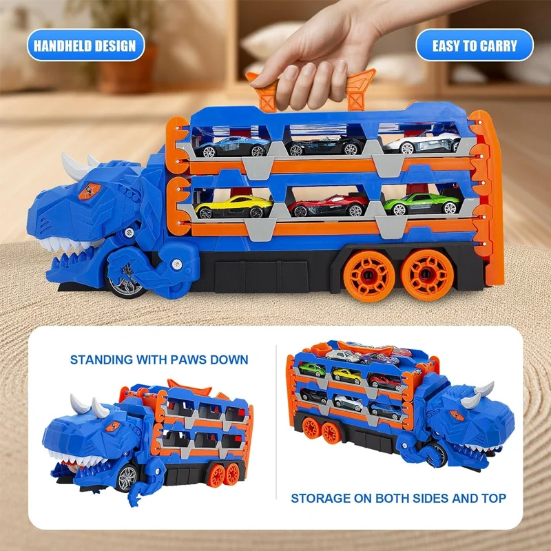 شاحنة نقل ديناصور جديدة مع 12 سيارة سباق مصبوبة، تحويل سيارة الديناصور إلى هدايا تيرانوصور واقفة للأطفال