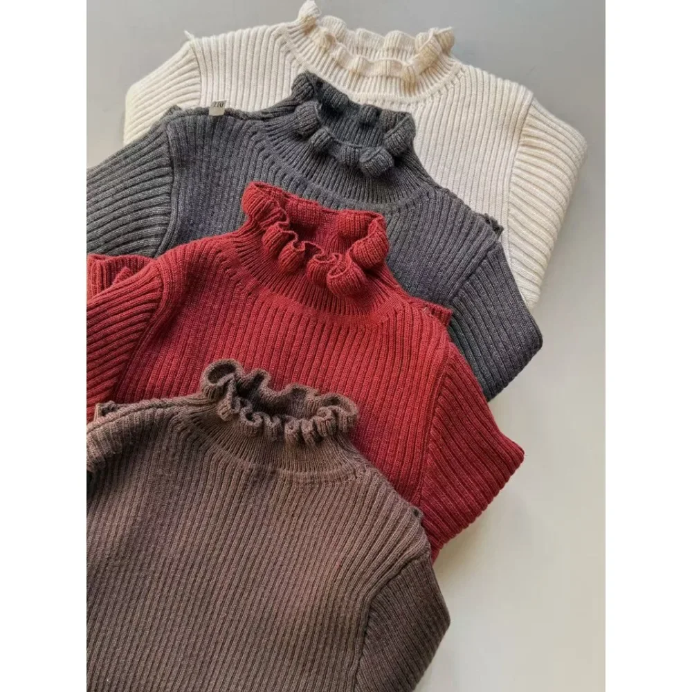 Children Sweater 2025 Winter Korean Children's Semi-high Neck Lotus Leaf Sweater Baby Girl's Bottoming Shirt Tops