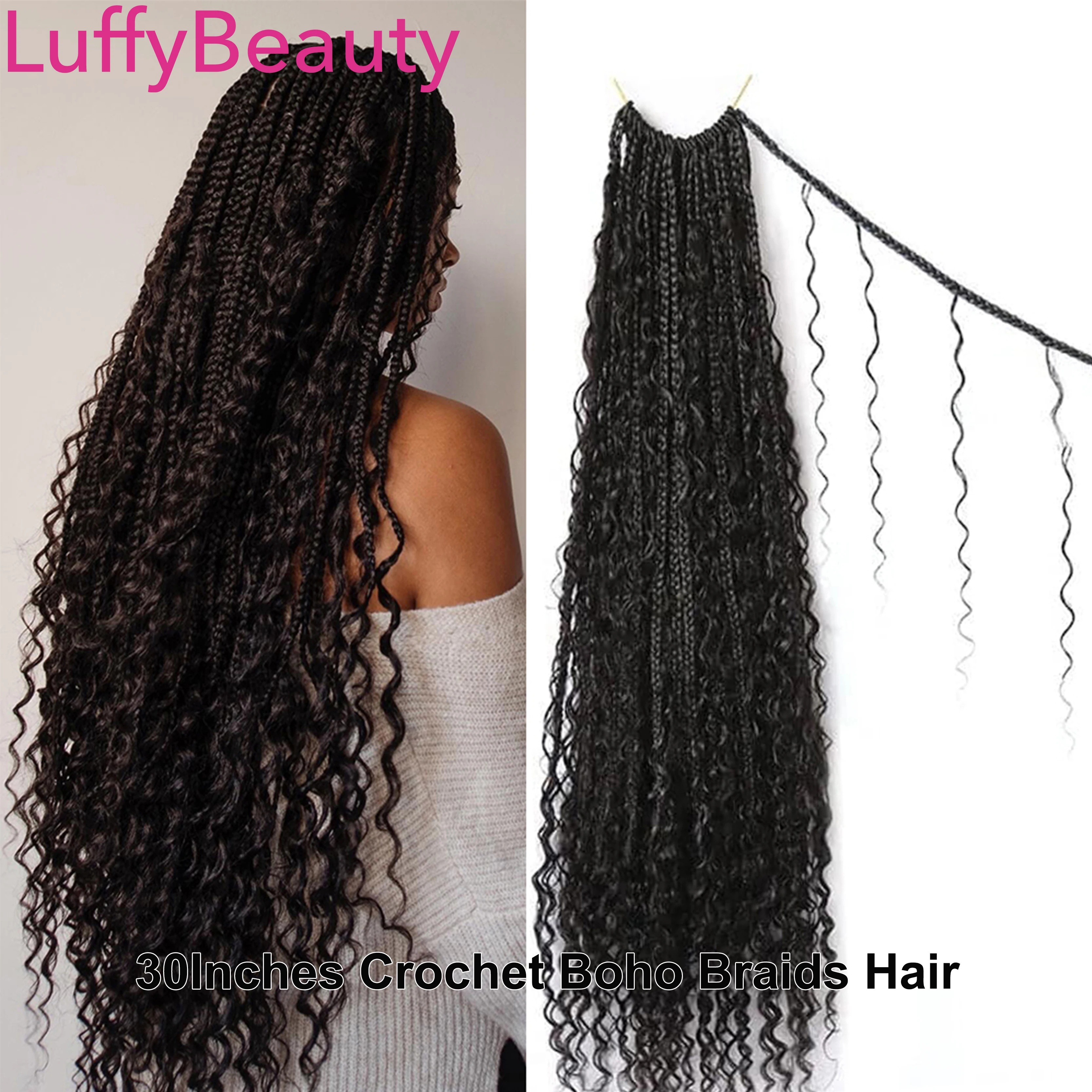 Crochet Boho Box Braids With Human Hair Curls Pre Looped Synthetic Braiding Hair Curly Full Ends Hair Extensions LuffyBeauty