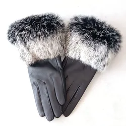 Luxury Winter Warm Genuine Leather Glove With Fluffy Natural Rabbit Fur Cuff Women Thick Multi Color Real Sheepskin Gloves