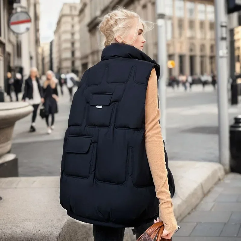 2024 New Autum Down Cotton Vest Women Loose Sleeveless Coats Jackets Winter Female Solid Stand Collar Thickening Warm Vest White