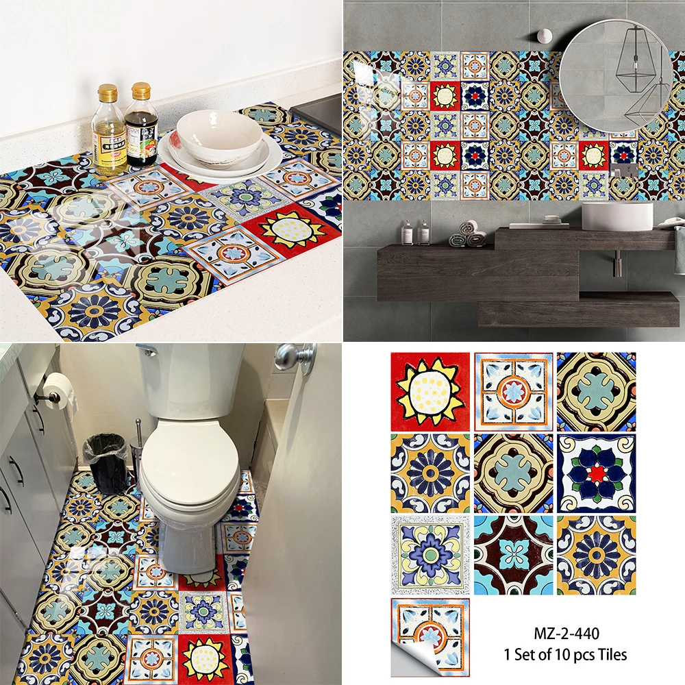 10pcs Bohemian Style Tiles Wall Sticker Kitchen Backsplash Oil-proof Bathroom Wardrobe Waterproof Peel & Stick Art Wall Decals