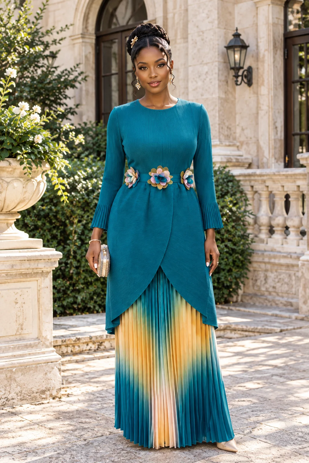 Miyake Pleats New African Plus Size Women Clothing Fashion 3D Floral Elegant Party Gradient Color Slim Wide Leg Pants Two Piece