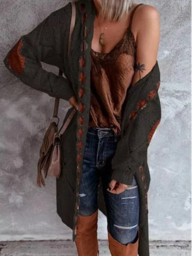 Vintage Women Oversized Hooded Long Cardigan Knitted Sweater Jumper Sweaters Knitted Plaid Casual Brown Coat Jersey Mujer Jacket