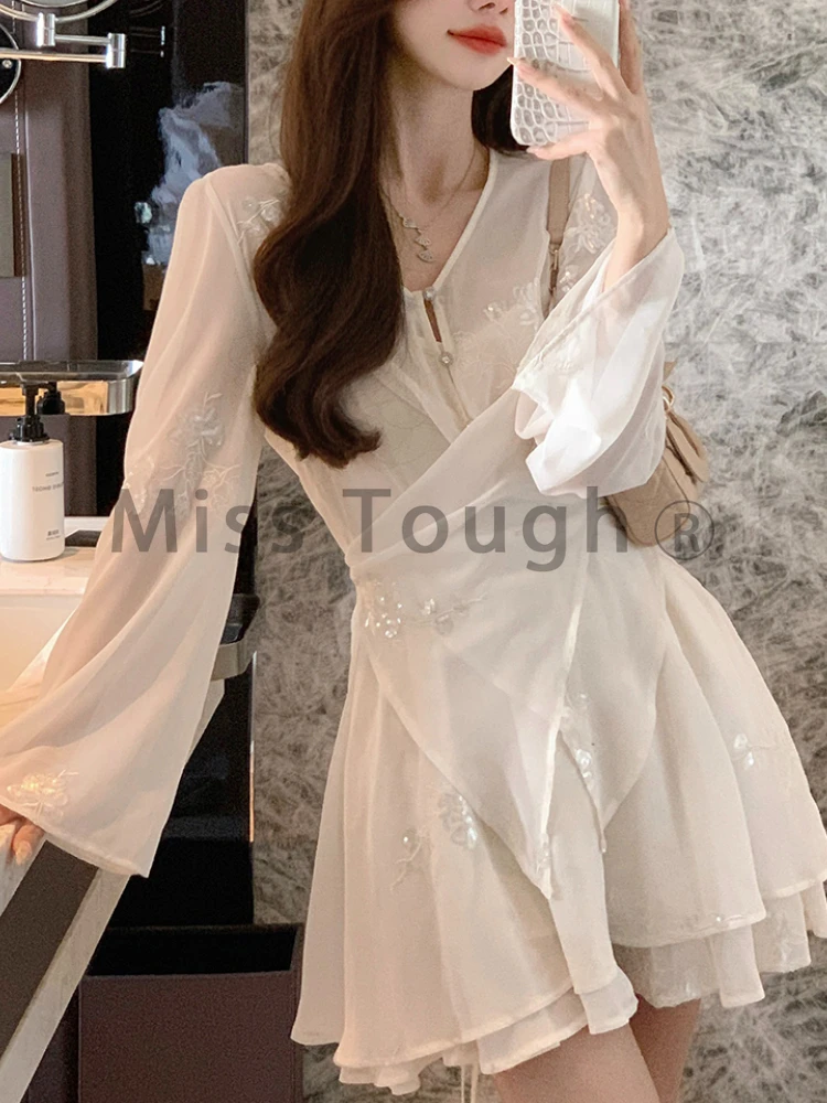 Summer Casual New 3 Piece Set Women Sweet Solid Elegant Skirt Suit Female Loose Cardigan + White Vest + Slim Mini Skirt Set 2024