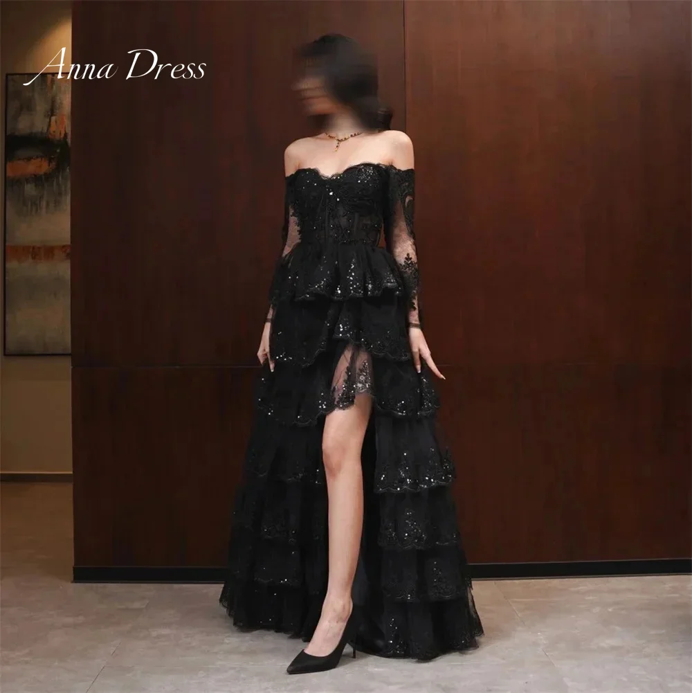 Anna-vestidos de noche en capas para mujer, elegante vestido largo de fiesta de lujo, Simple y elegante, Formal, línea negra, boda