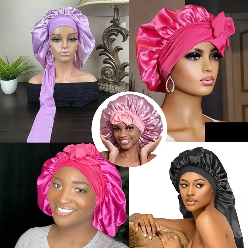 30Pcs Silk Bonnet For Sleeping Fashion Women Satin Bonnet Hair Bonnet Night Sleep Cap Scarf Wrap For Curly Hair With Tie Band