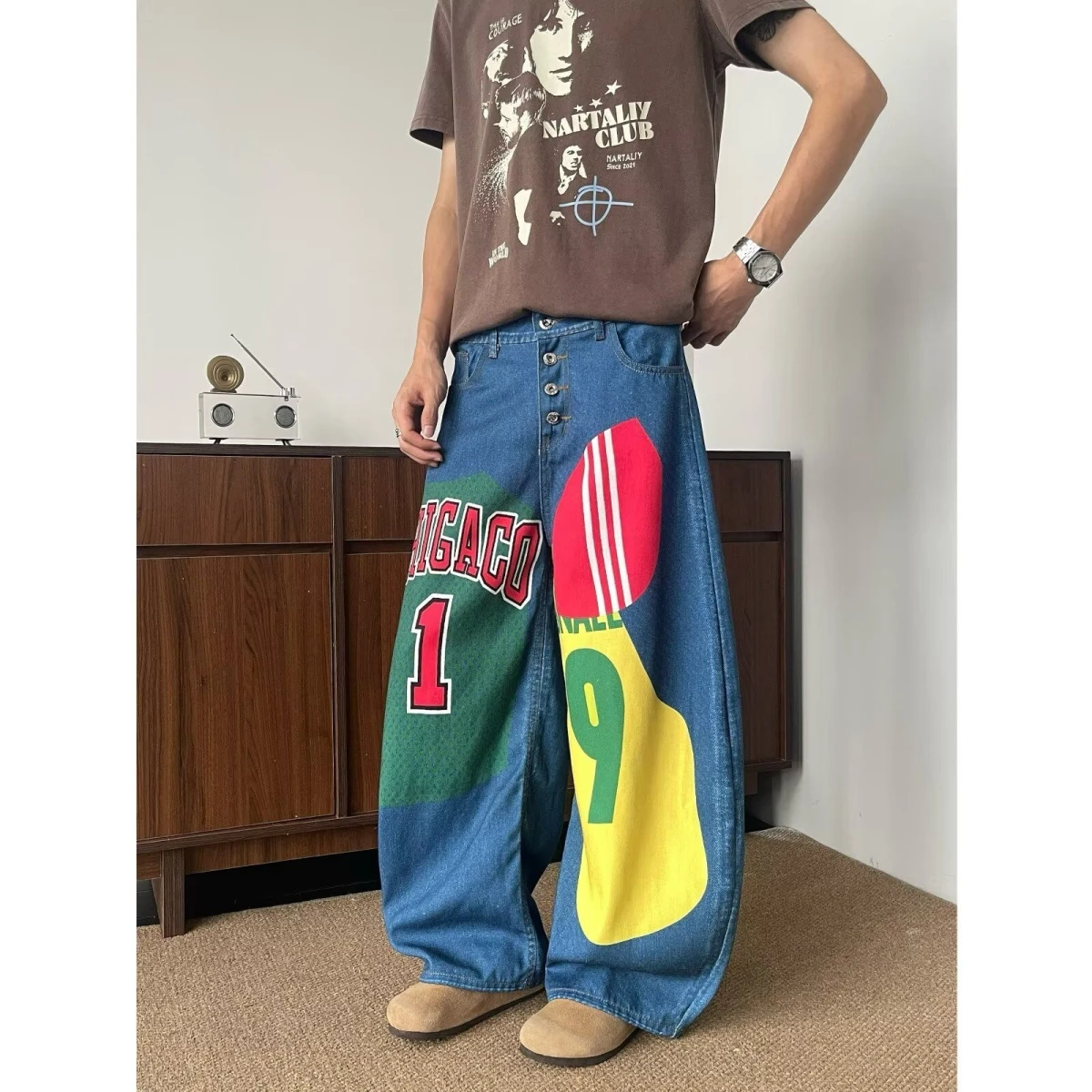 Calças Jeans Americanas Retrô Estilo Hip Hop com Patchwork, Soltas, de Perna Larga e Comprimento Total, para Homens e Mulhere...