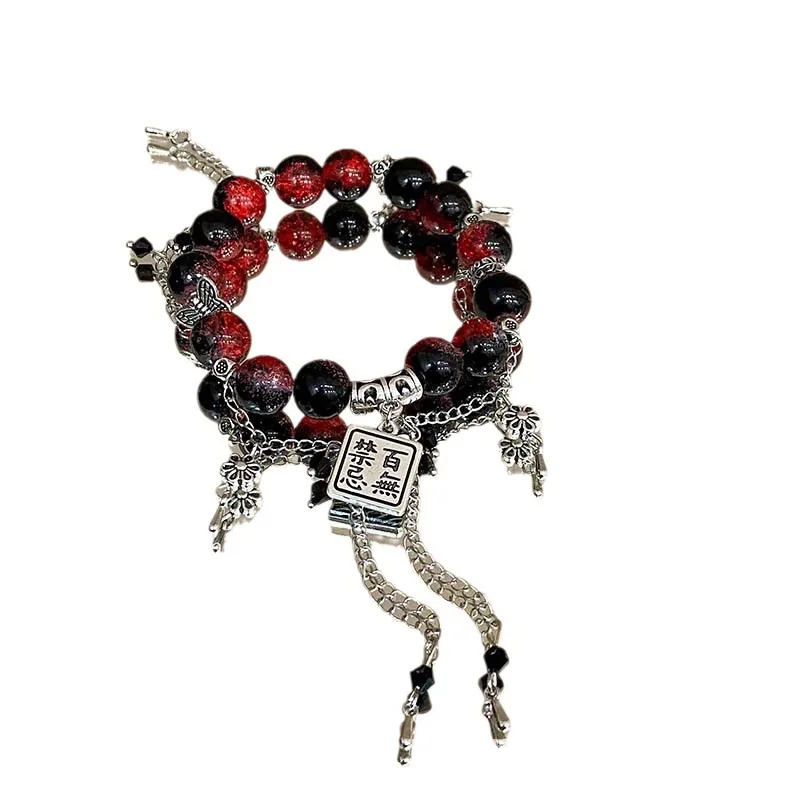 Rotes Perlen armband im chinesischen Stil für Frauen, die Schmetterlings quasten ketten anhänger armbänder mit dunklem gotischem Schmuck – Detail 10