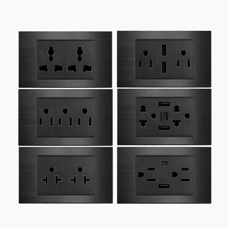 Aluminium Brushed Panel US 118 Wall Socket Electrical Fast Charge Outlets 20W Type C USB 3Pin 4Pin 6Pin 9Pin Brushed Black Panel