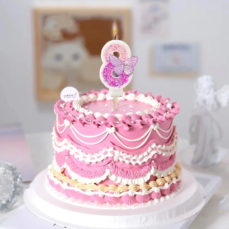 0-9 Number Birthday Candles Purple Butterfly Glitter Digital Candle Cake Topper Decorations for Birthday Wedding Party Supplies