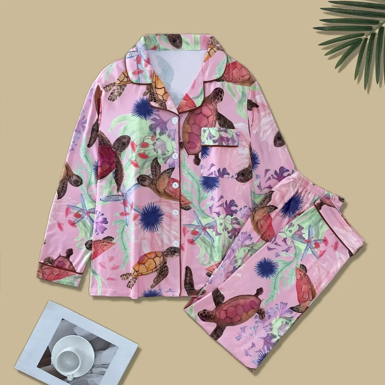 Pink turtle marine creature printed long sleeved pants pajamas for women, lapel cardigans, home clothes can be worn outside