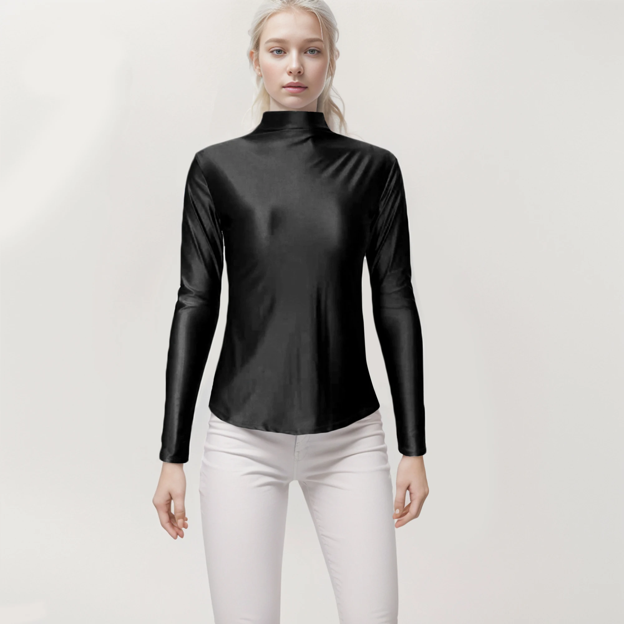 XCKNY satin glossy top sexy long sleeve high neck sports casual tight clothes sexy Yoga sportswear smooth multifunctional tights