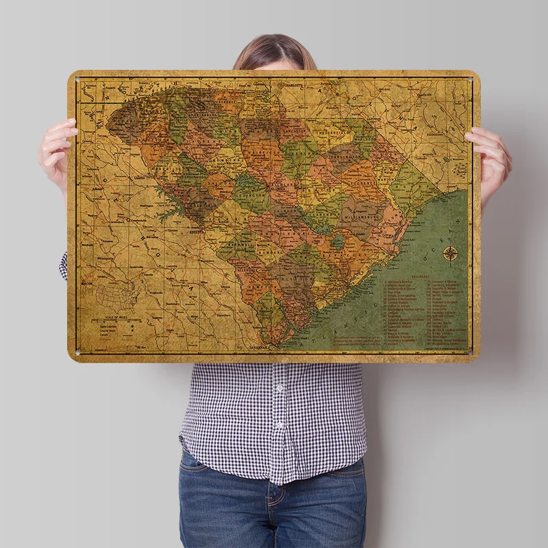 South Carolina Map 1958 Personalized 3D Textured Metal Poster Wall Art Tinplate Sign for Gaming Room Decoration Man Decor Luxury