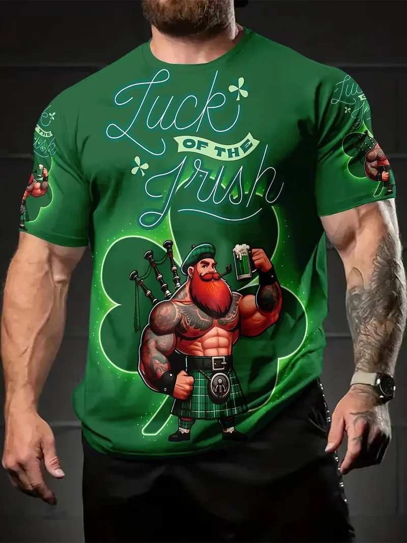 Herren 3D Digitaldruck St. Patrick's Day T-Shirt mit Irischem Glück & Kleeblatt-Design – Lässiges Sommer-T-Shirt für Partys