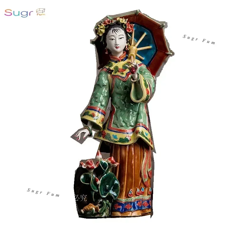 Shiwan Ceramics Classical Chinese Beautiful Woman Ornament Plum Orchid Bamboo Chrysanthemum Home Decor Holiday Gift