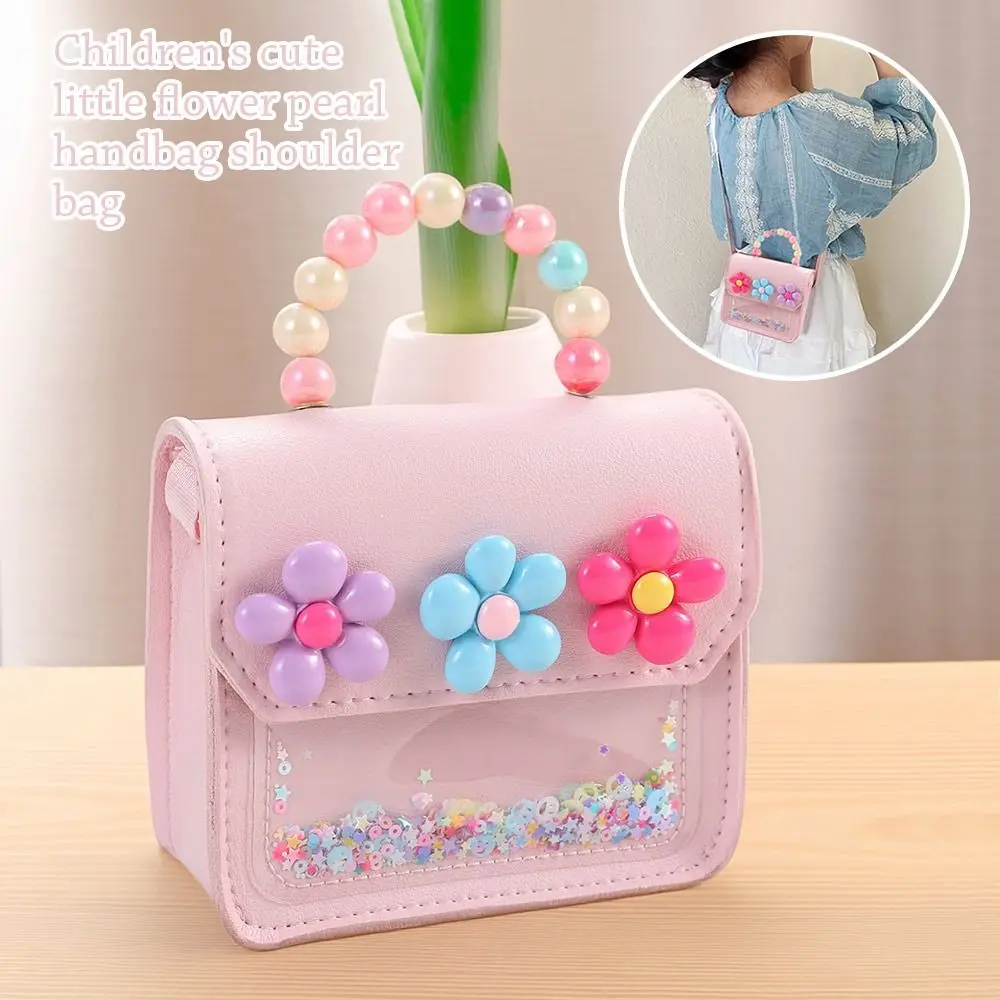 Creative Cute Flowers Children's Messenger Bag Pearl PU Leather Handbags Shiny Cartoon Kids Shoulder Bag