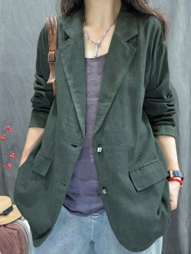 Retro Weathered Linen Suit Jacket Women's Autumn Commute Casual Long Sleeve Westwear Linen Top Loose Fit Button Detail