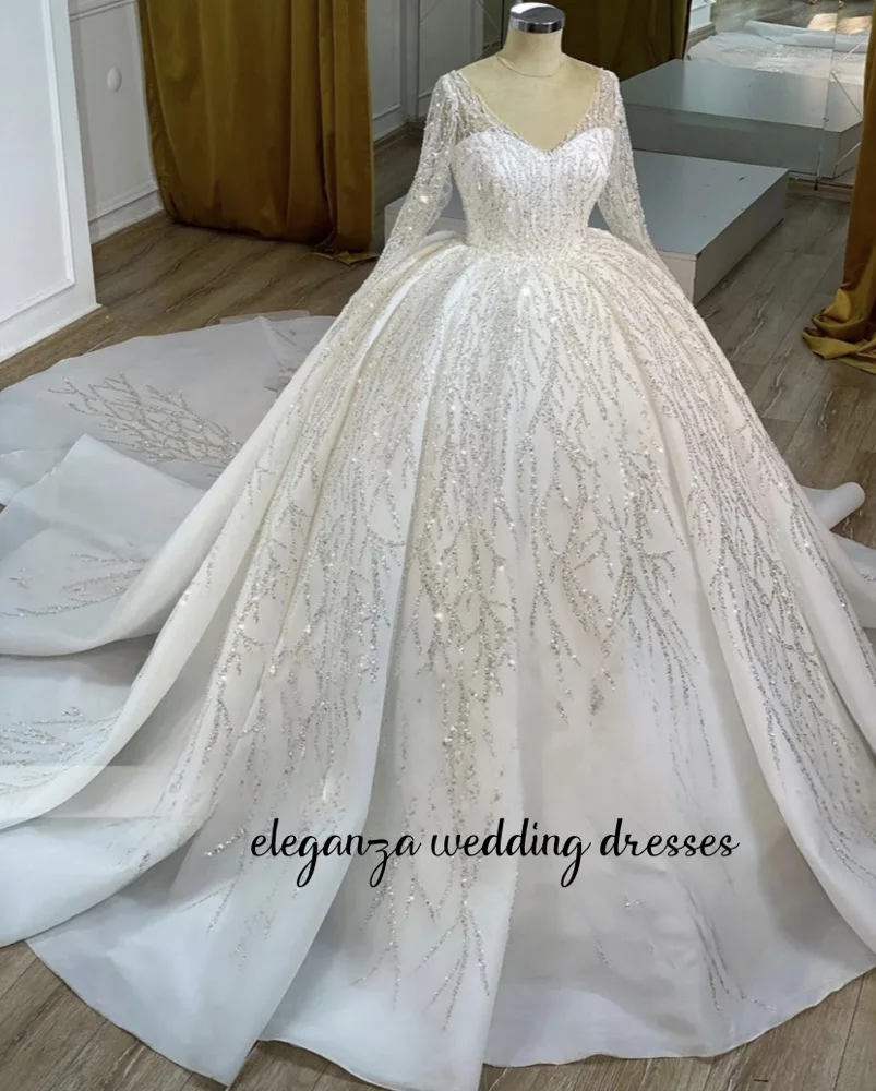 Customized Luxury Ball Gown V-Neck Wedding Dress Sparkling Lace Sequined Women Bride Gowns Chapel Train Vestidos De Novia 2025