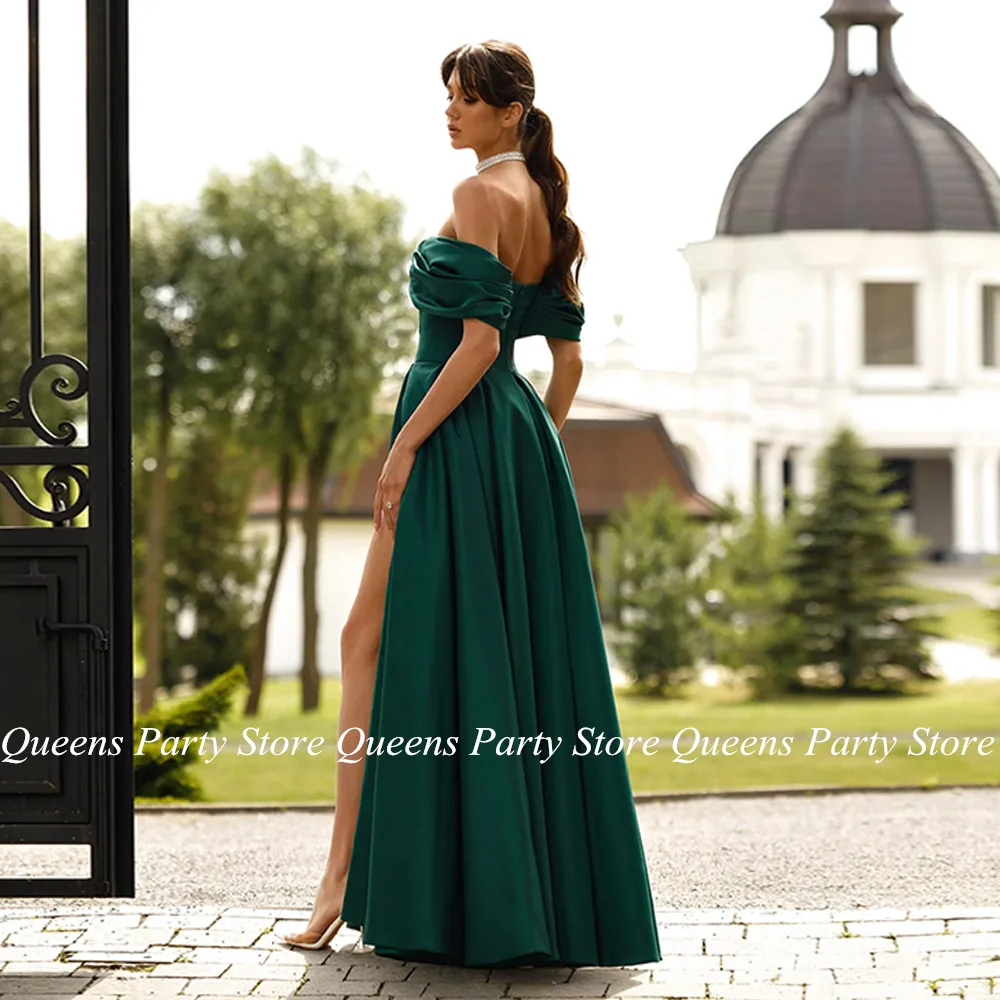 Emerald Green Evening Dress Off The Shoulder V Neck Pleat High Split Floor Length A Line Satin Prom Gown Simple Party Dresses