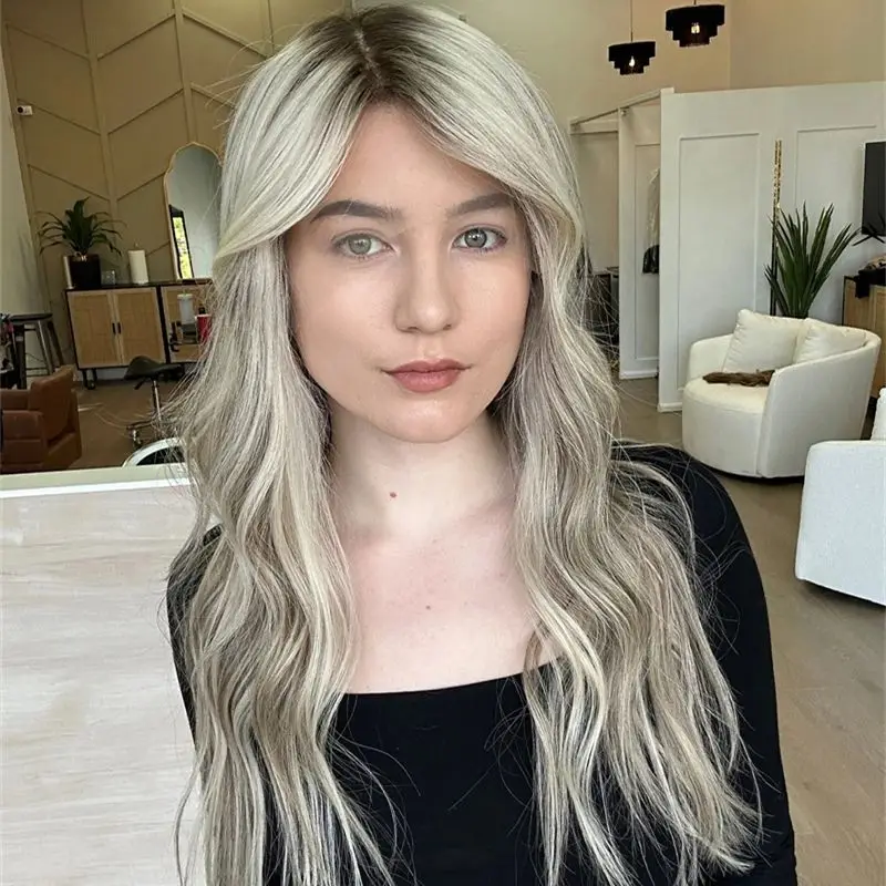 

Отбеленные узлы Балаяж Омбре Пепельно-русый Синтетический парик спереди Натуральная предварительно выщипанная линия волос с детскими волосами Термостойкая 26 дюймов