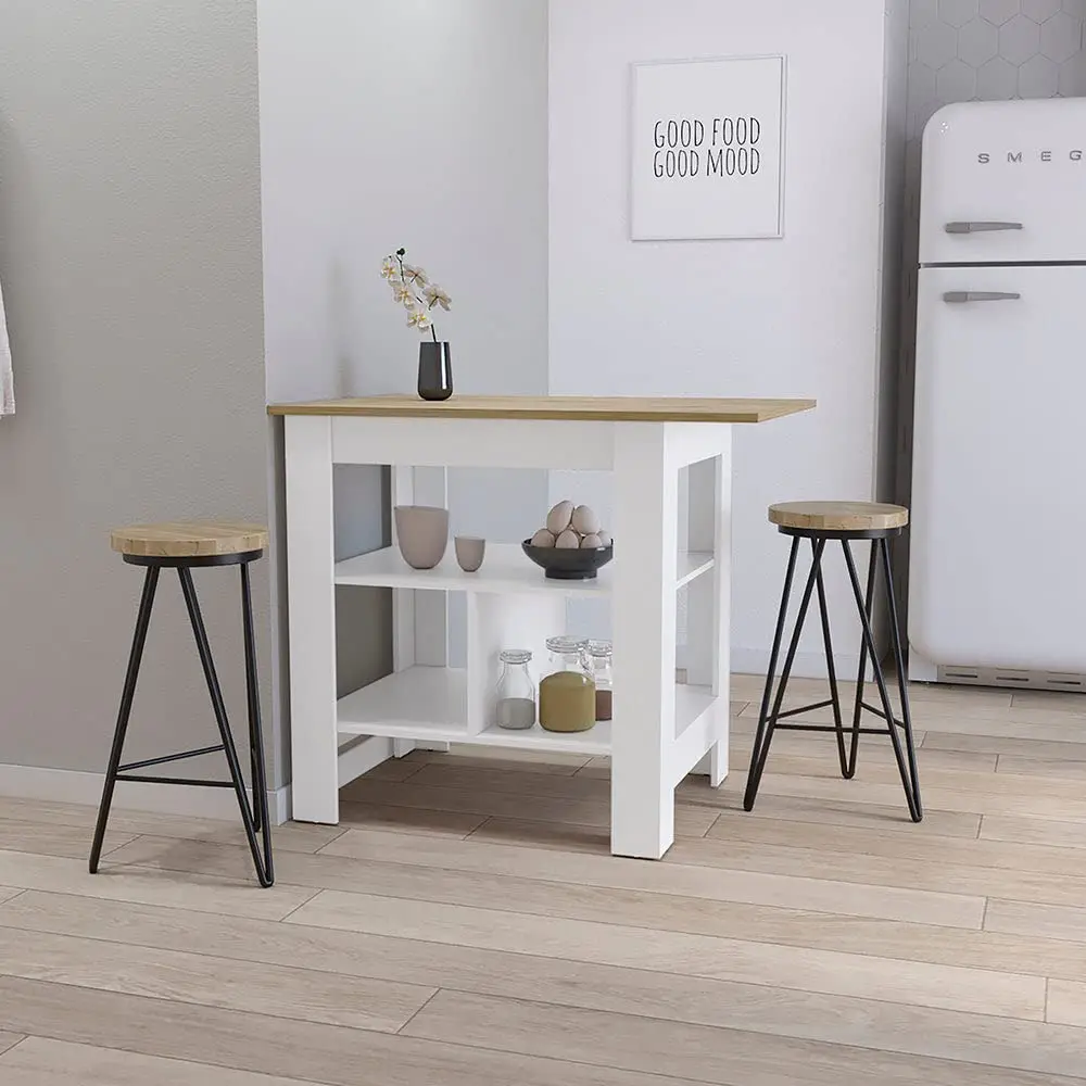 White Kitchen Island 3-Tier Shelf Manufactured Wood Countertop Freestanding Workstation Table, Customized