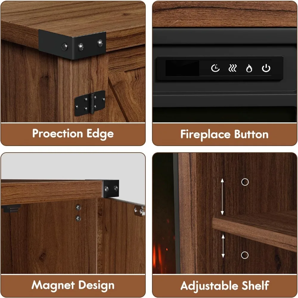 حامل تلفزيون YESHOMY Fireplace مع بابين للحظيرة وخزائن تخزين للتلفزيونات حتى 65+ بوصة، وحدة تحكم مركزية ترفيهية