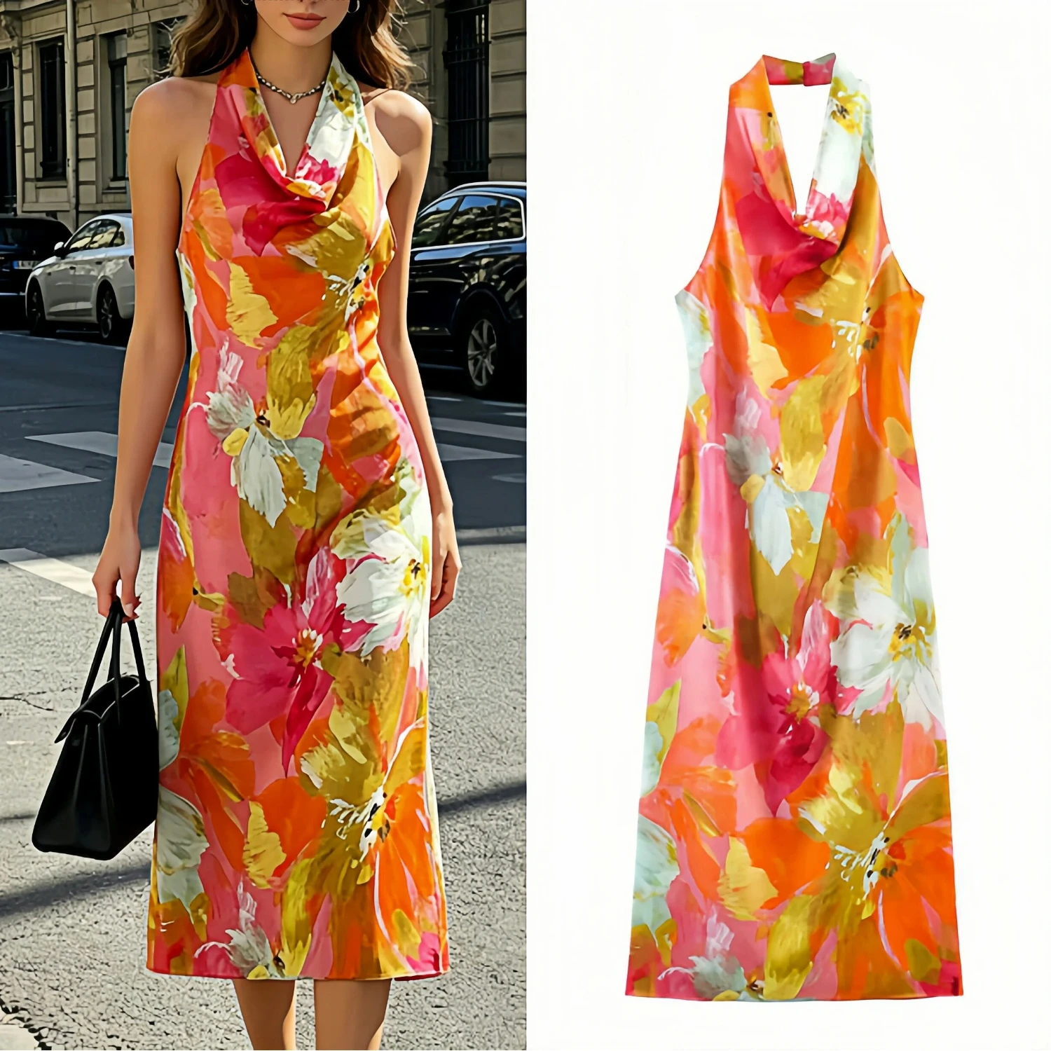 Nouvelle Robe Longue Décontractée Chic pour Femme, Été 2026, Imprimée, Col Halter, Texture Satinée, Fluide et Élégante, Idéale pour les Vacances à la Plage
