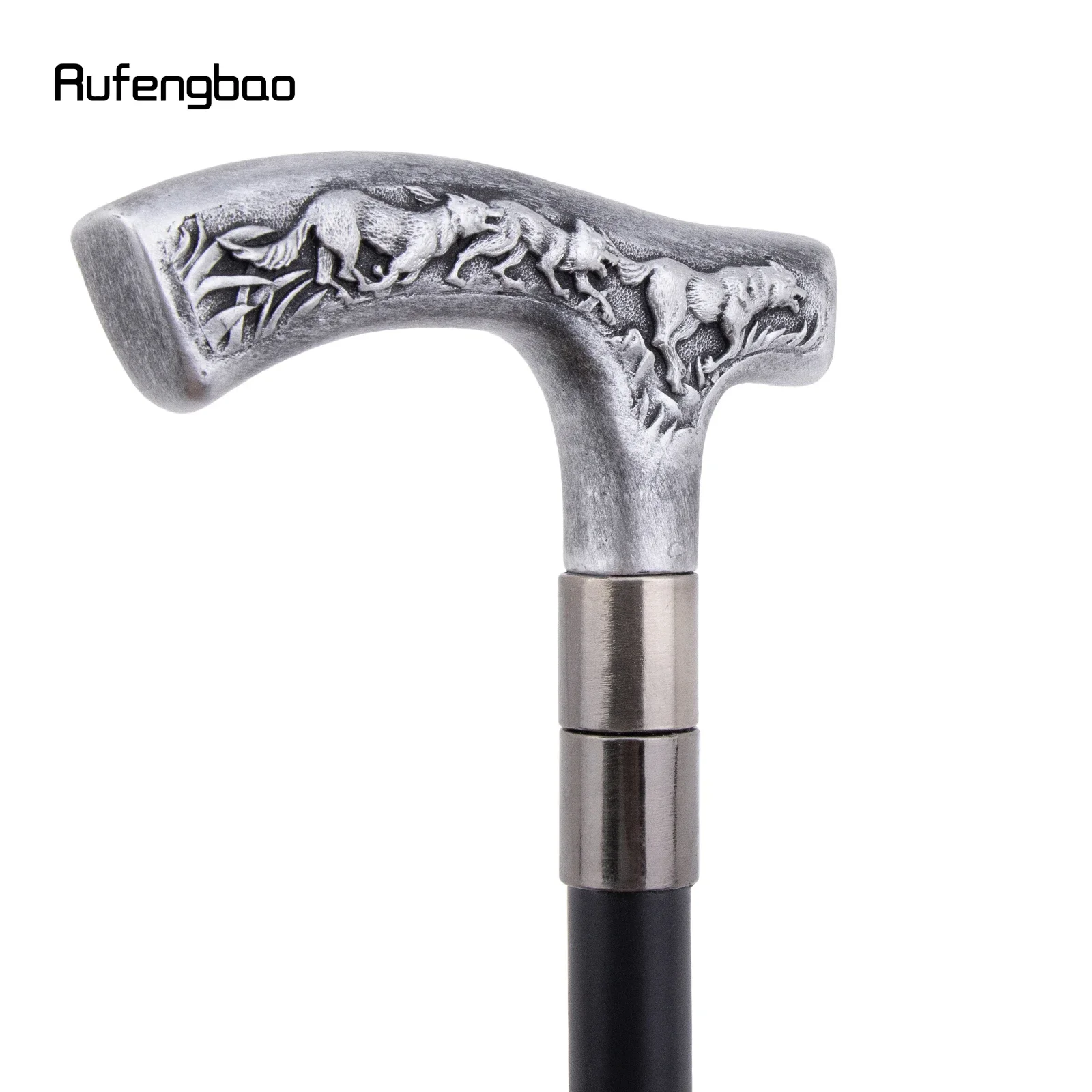 ไม้เท้าเรซิ่นสีเงินรูปหมาป่า ไม้เท้าเหล็กตกแต่งแฟชั่น สำหรับสุภาพบุรุษ สไตล์หรูหรา ใช้สำหรับคอสเพลย์ ด้ามจับแบบครอสเซอร์ ความยาว 94 ซม.