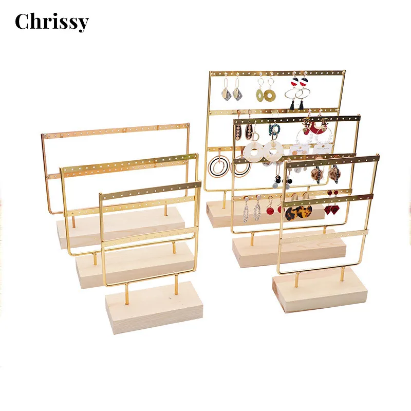 Earring Holder Jewelry Display Jewellery Ear Studs Pendant Stand Wooden Base Metal Storage Rack Various Holes