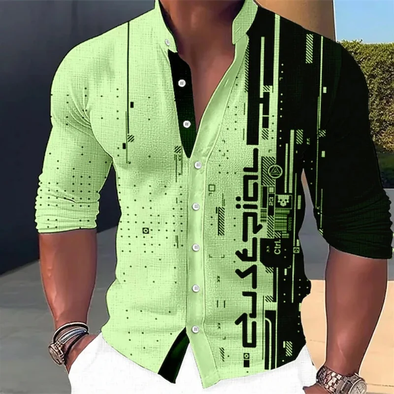 Men's cyberpunk technology circuit printed long sleeved shirt with green and black contrasting stand up collar trendy casual top