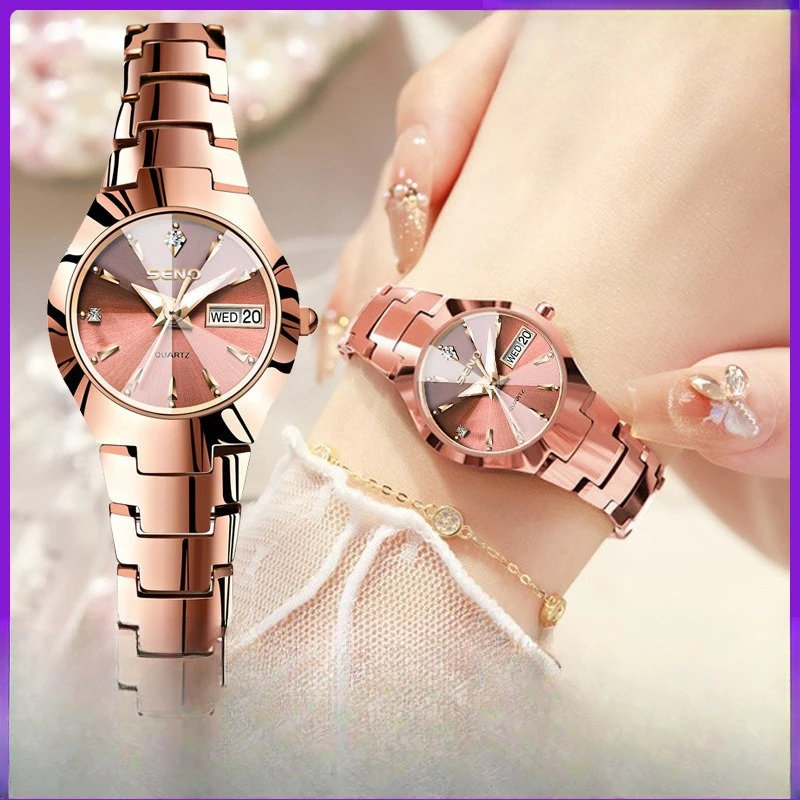 2026 New Stainless Steel Couple's Quartz Watch Day-Date Display Solid Band Screw-Down Crown Fold-Over Clasp 30M Waterproof