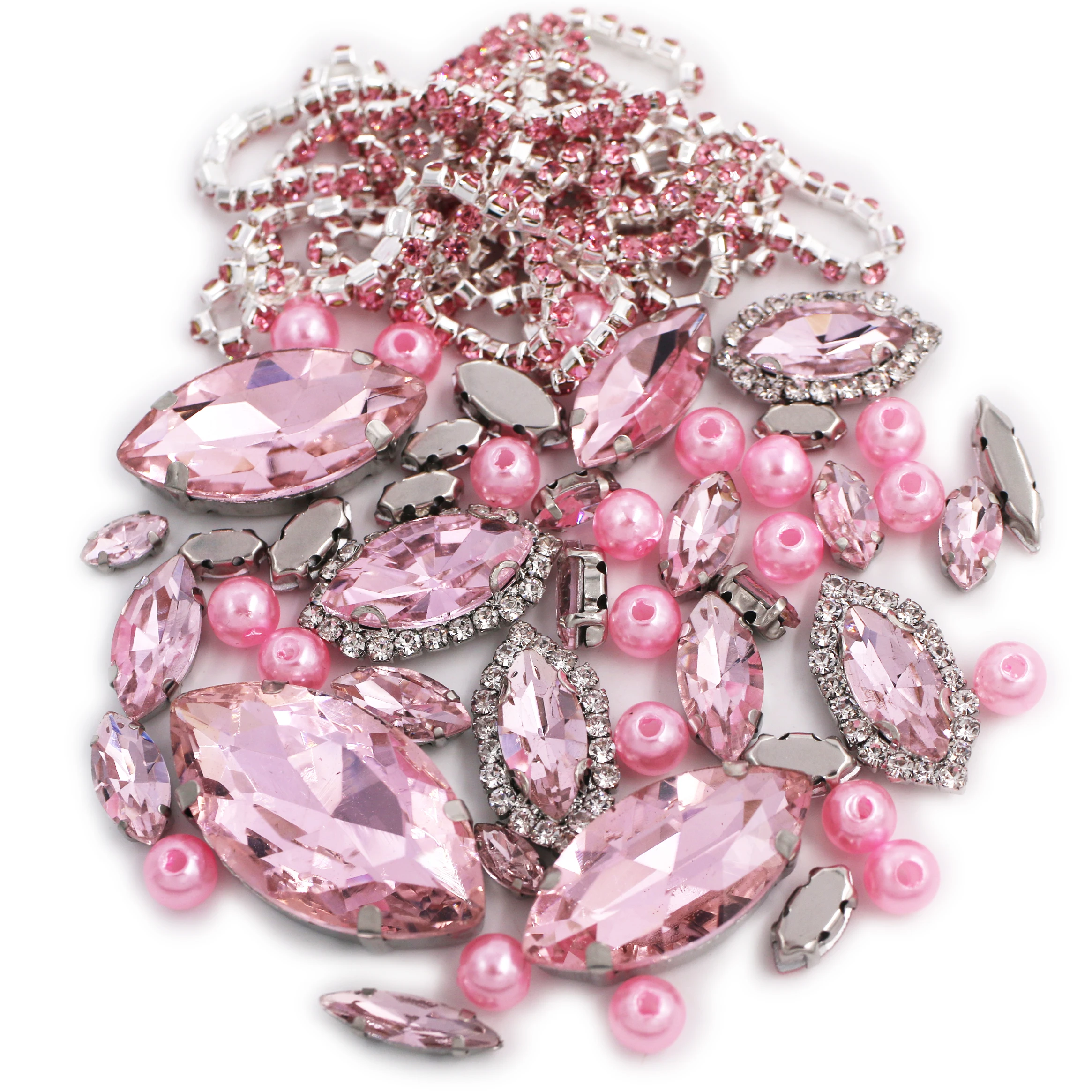 Wholesale Pink Horse Eye Shape Mix Size Crystal Rhinestones+Pearl+Cup Chain For Wedding Dress Jewelry Making 50pcs/bag