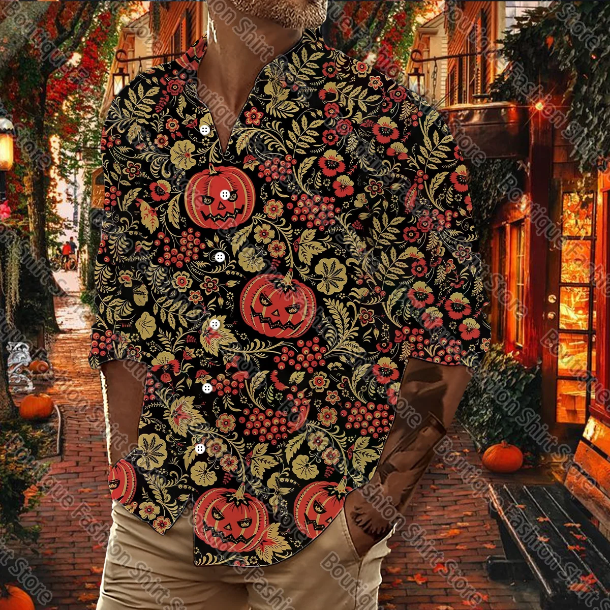 Hawaiian shirt Halloween shirt men's professional lapel shirt pumpkin high -definition printed shirt men's clothing