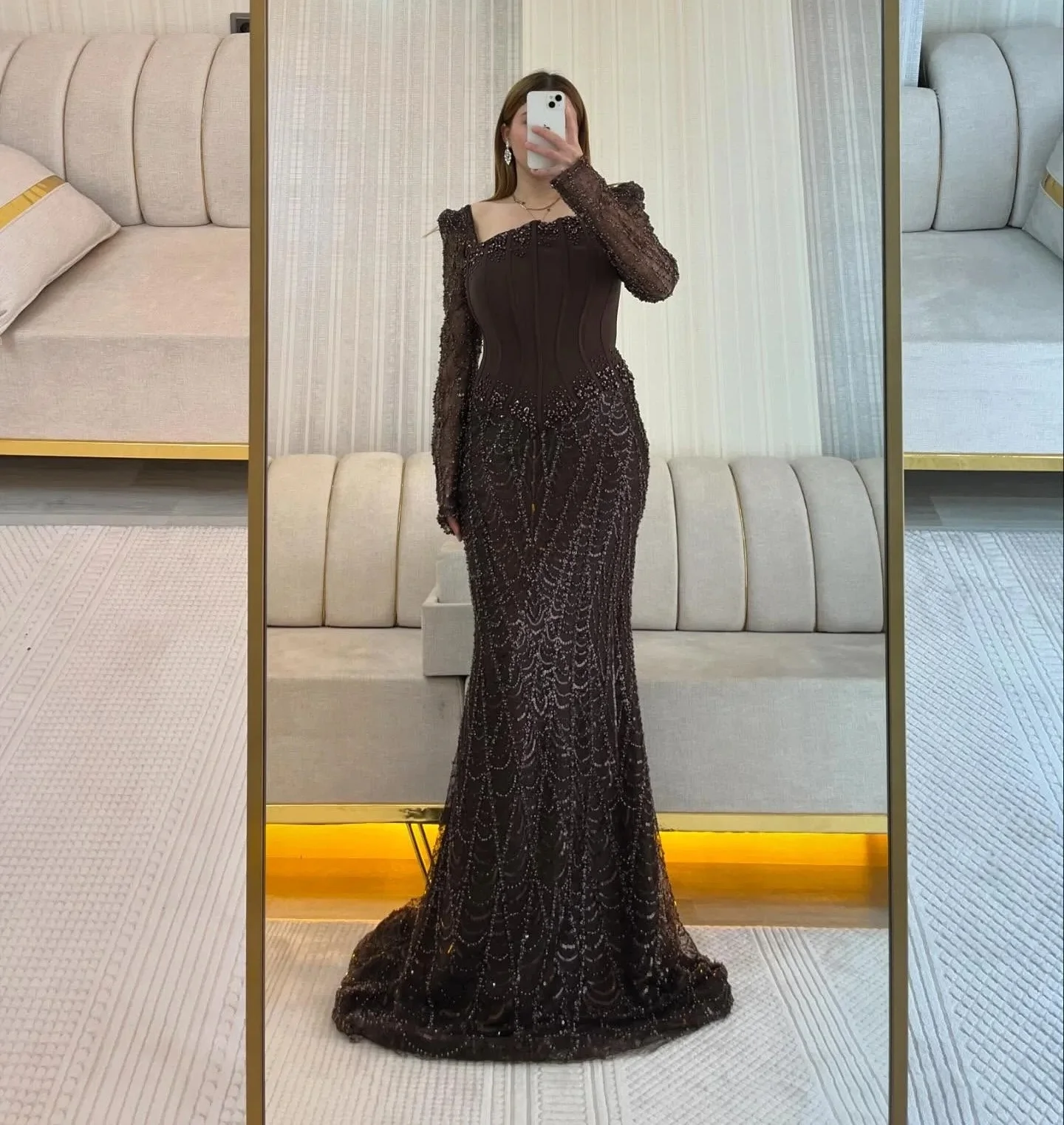Braune Ballkleider mit langen Ärmeln, Spitze, Perlen, Saudi-Arabien, Dubai, Robe De Soiree, orientalische Abendkleider, maßgeschneidert