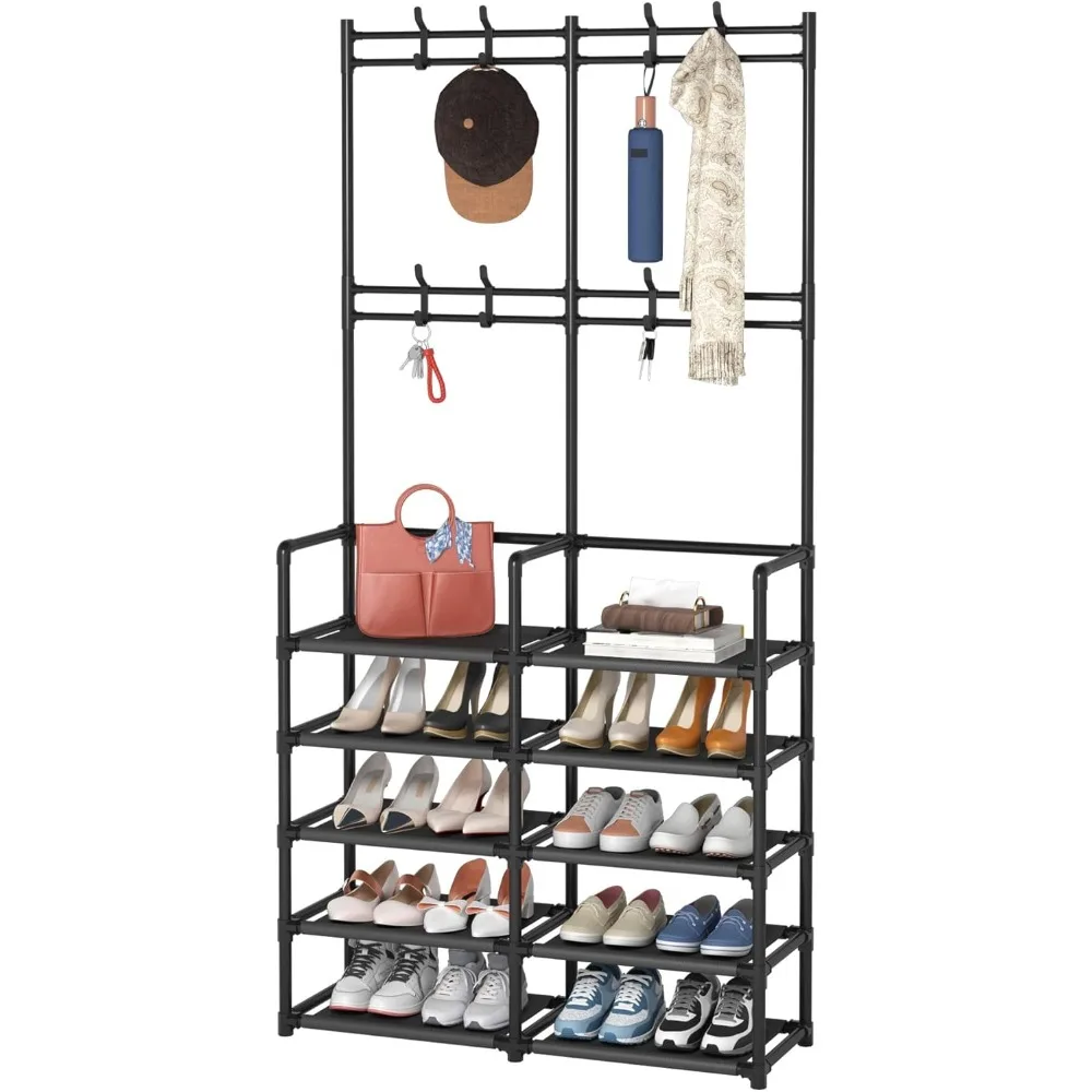 

Five Tier Entryway Coat and Shoe Rack with Storage Bench and Eight Hooks for Hallway Bedroom Office Black