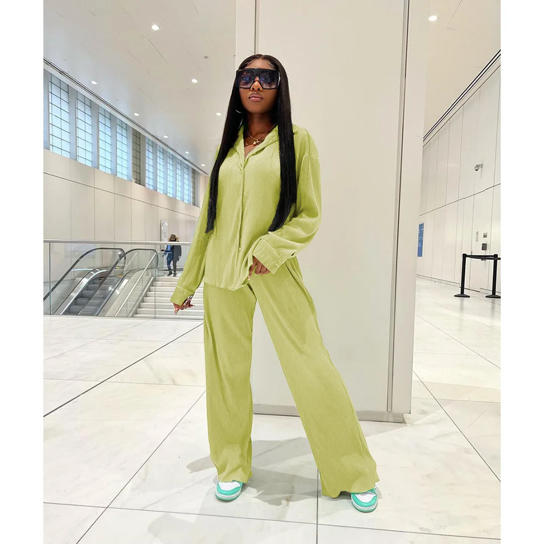 

New Fashion Women's Set Long Sleeve Top + Loose Wide Leg Pants Suit Solid Color Comfortable Lady Sports Two-Piece Outfits