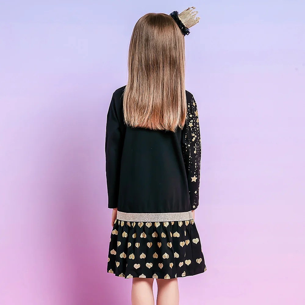 VIKITA Girls Christmas New Year Gift Dress Kids Elk Sequined Appliqued Star Heart Print Cotton Dresses with Bowknot Kids Clothes