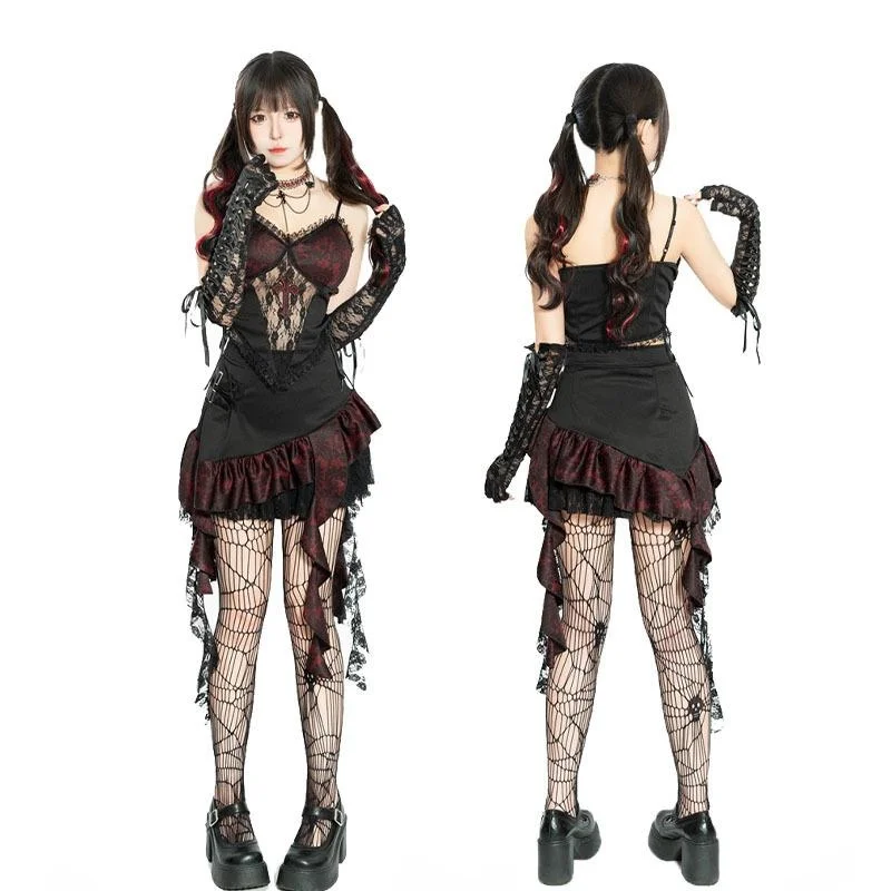 레트로 레이스 뷔스티에 스커트 세트 할로윈 코스튬 빈티지 슬레 코트 테마 디바 드 여성 민족풍 패션 무대 의상