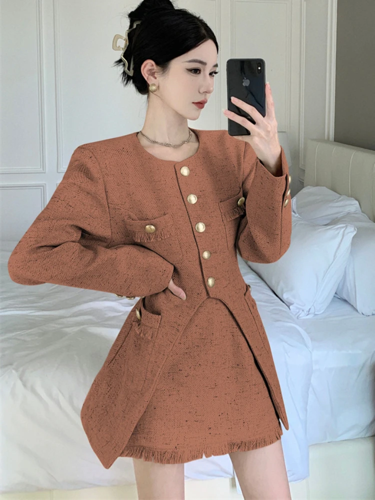 New Small Fragrance Tweed Fashion Ladies Set Chic O Neck Jacket + High Waist A Line Slim Skirt Korean Autumn Women Two Piece Set